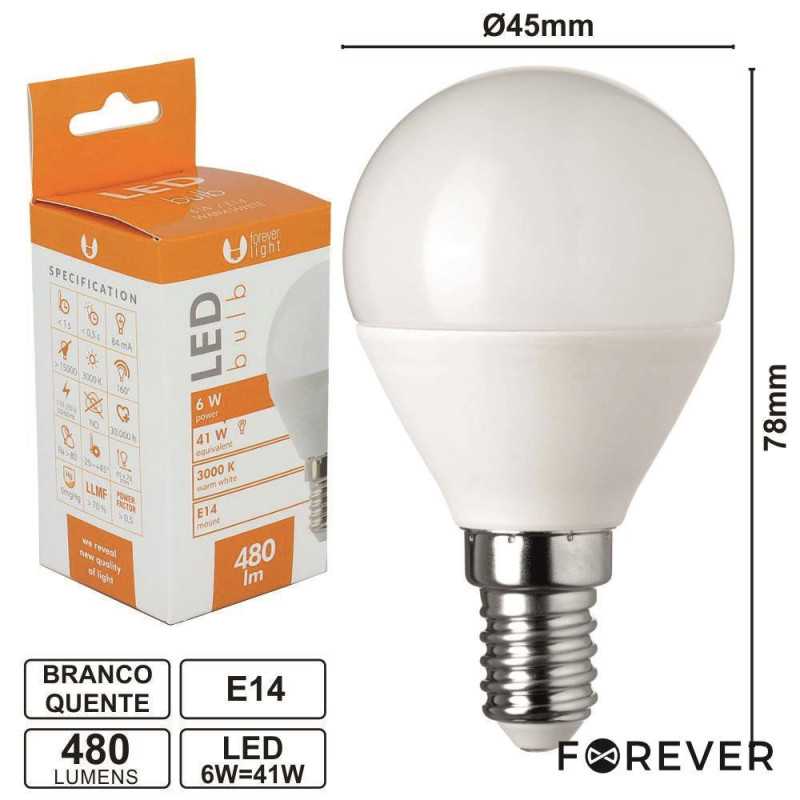 LÂMPADA E14 6W41W 230V LEDS SMD GLOBO BRANCO QUENTE 480LM