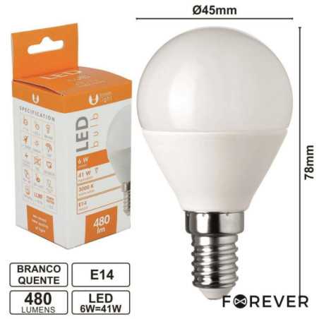 LÂMPADA E14 6W41W 230V LEDS SMD GLOBO BRANCO QUENTE 480LM