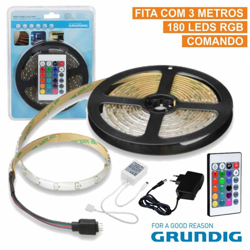 KIT FITA 180 LEDS 3528 IMPERMEÁVEL 12V 3M RGB C COMANDO
