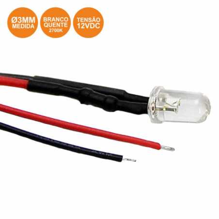 LÂMPADA MINIATURA LED 12V 3MM BRANCO QUENTE 20CM