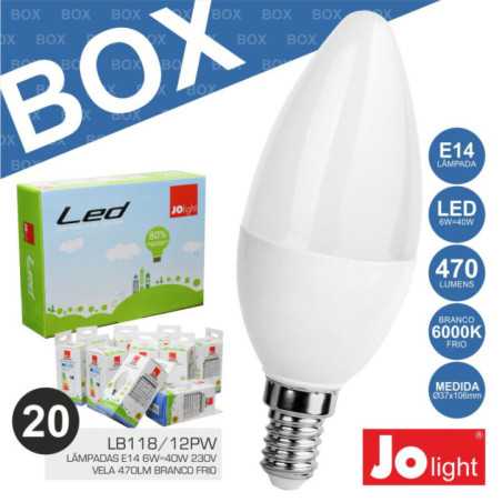 BOX 20 LÂMPADAS E14 6W40W 230V VELA BRANCO FRIO JOLIGHT
