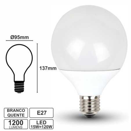 LÂMPADA E27 15W120W 230V LEDS GLOBO BRANCO QUENTE 1200LM