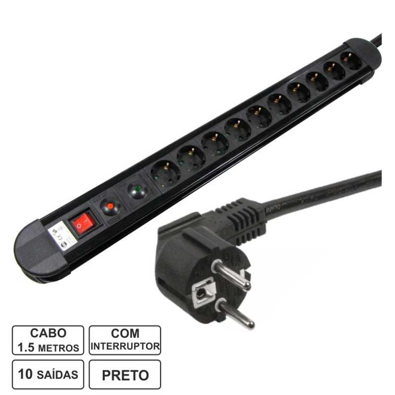 TOMADA ELÉTRICA C 10 SAÍDAS INTERRUPTOR PROTEÇÃO 15M EDH