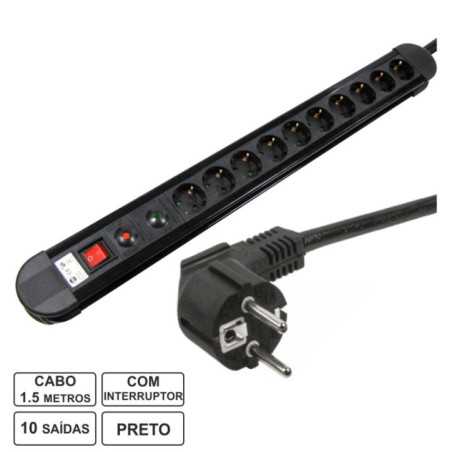 TOMADA ELÉTRICA C 10 SAÍDAS INTERRUPTOR PROTEÇÃO 15M EDH