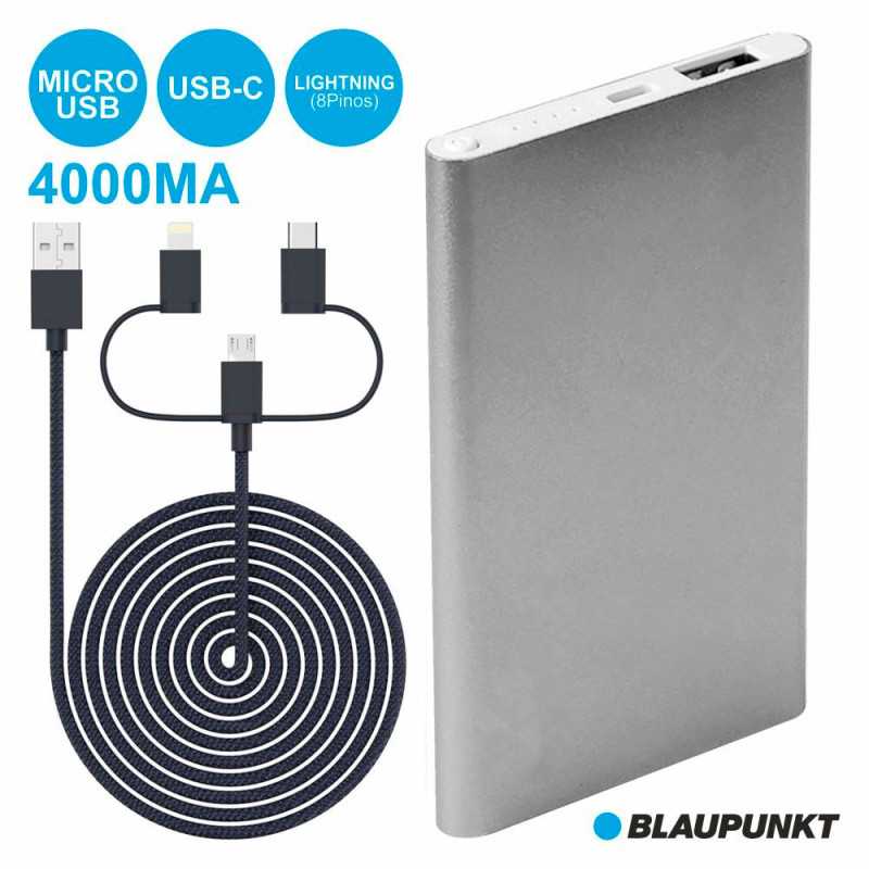 POWERBANK 4000MA C 3 FICHAS E CABO PRATEADO BLAUPUNKT