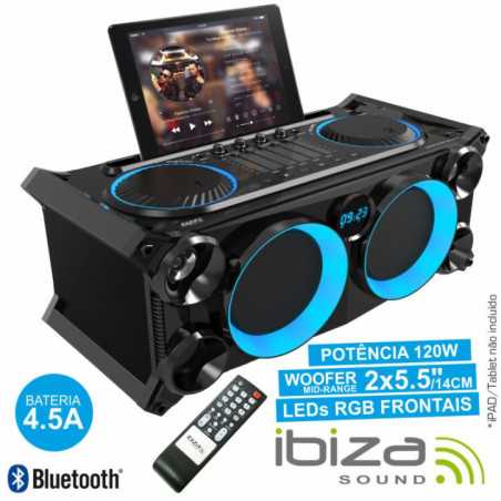 SISTEMA SOM PORTÁTIL PRETA120WMÁX USBBTFM LEDS IBIZA